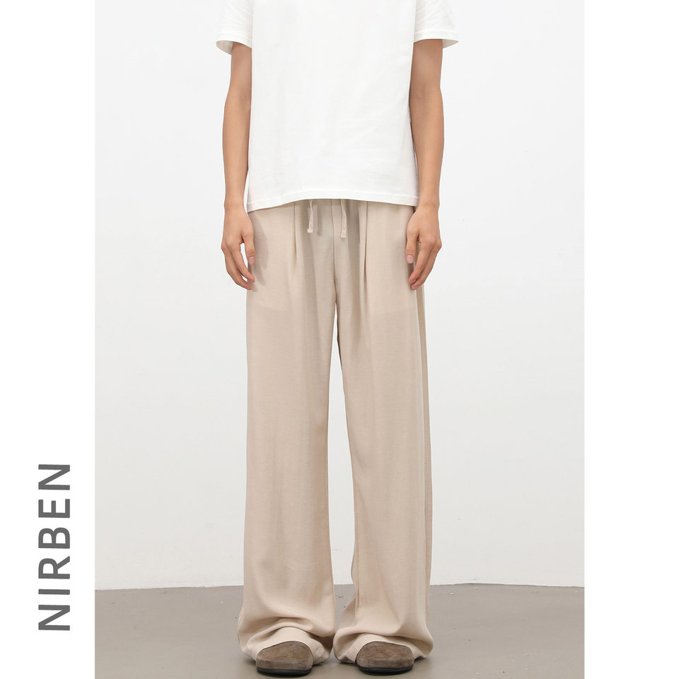 Quần casual nam vải Lyocell pha lanh dây rút, dáng rộng ống suông, mỏng nhẹ — Màu kaki, Màu xanh tím than