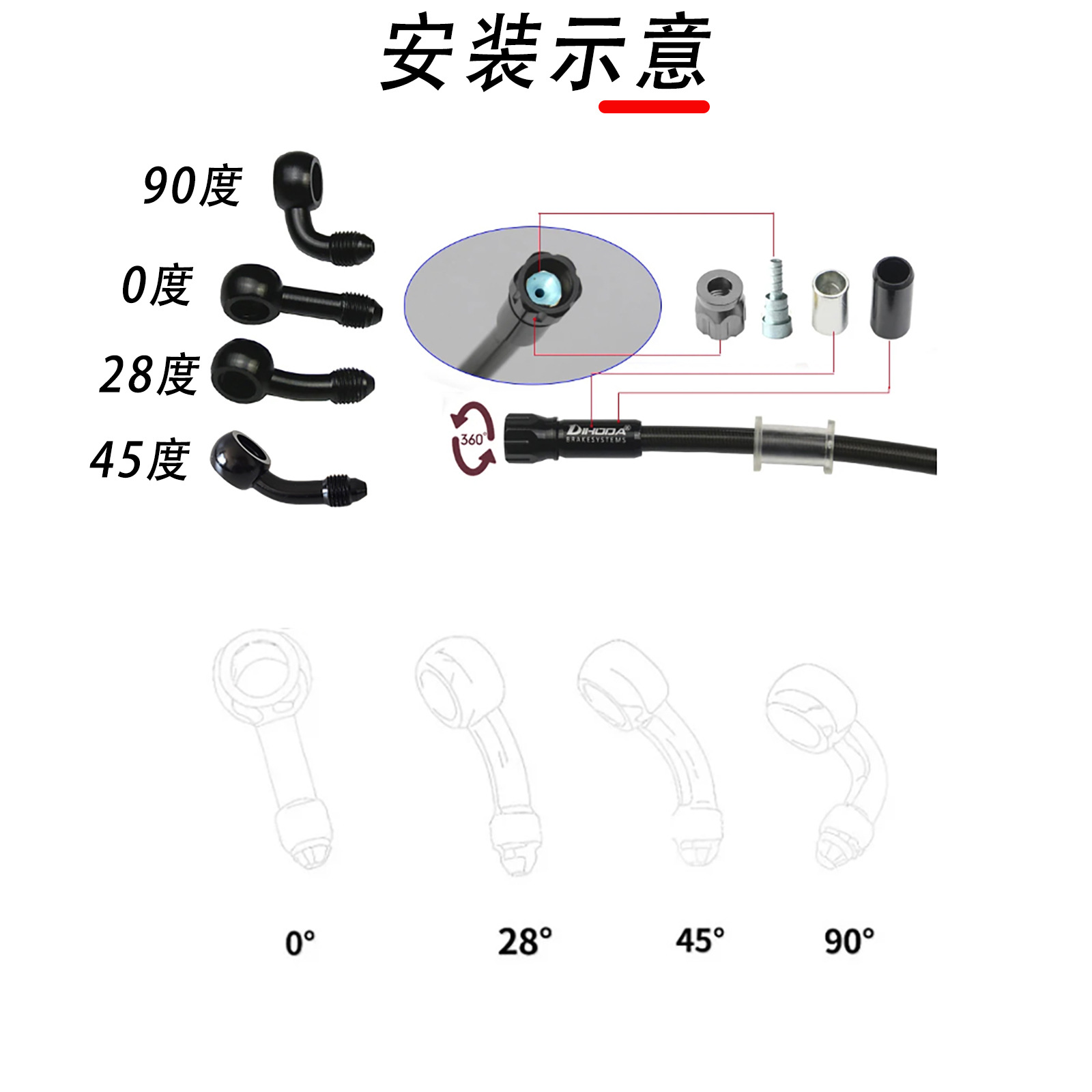 10-500cm 0/28/45/90 Degree M10 Fish Eye Head Ptfe Stainless Steel Braided Motorcycle Brake Hose