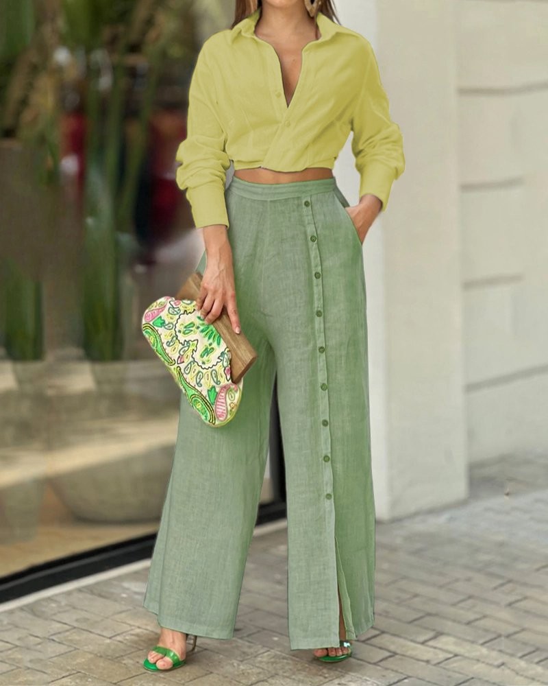 Spring, Autumn Season Women's Gender Button Design Casual, Elegant Style Casual Daily Women's Casual Elegant Solid Color Polyester Button Pant Co-ord Set Pants Sets