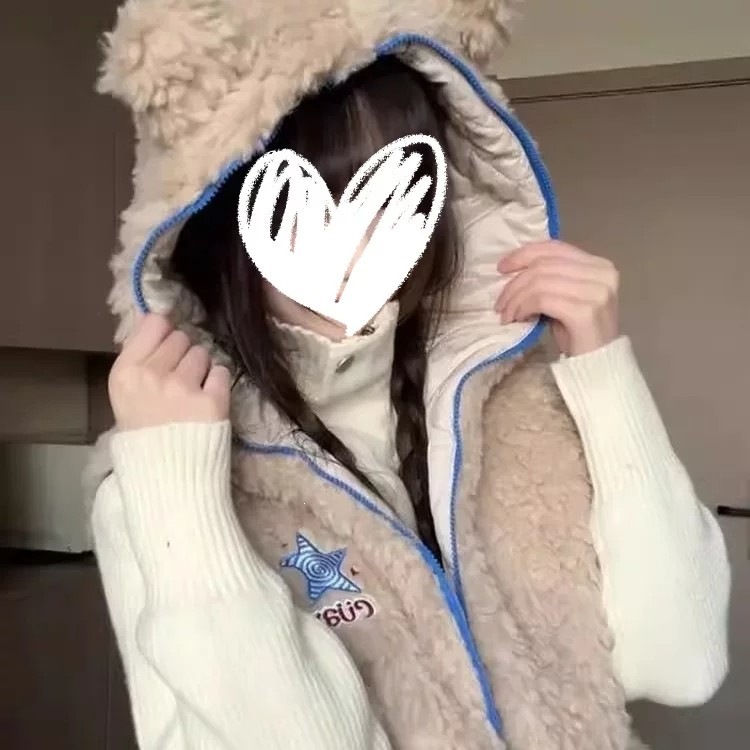 羊羔毛小熊耳朵连帽马甲棉服女冬季小个子叠穿保暖棉衣坎肩外套潮