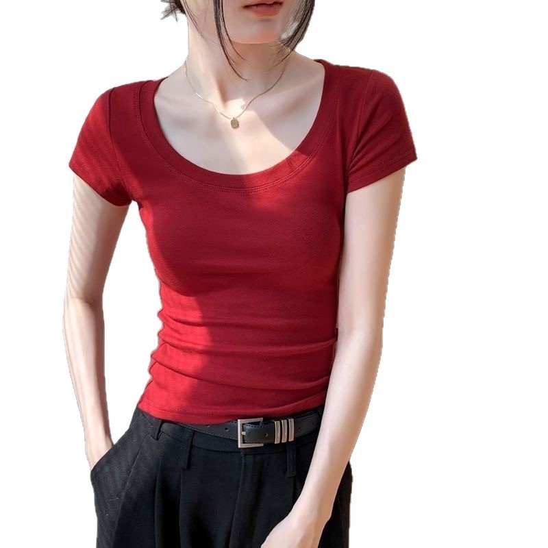 女性のための純綿右肩半袖 Tシャツ 2025 夏の新しいスリムフィット露出鎖骨痩身 U ネックボトムシャツトップホットガール|undefined