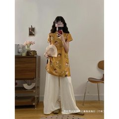 大码胖2025夏季新中式国风盘扣改良中长款上衣女显瘦阔腿裤套装