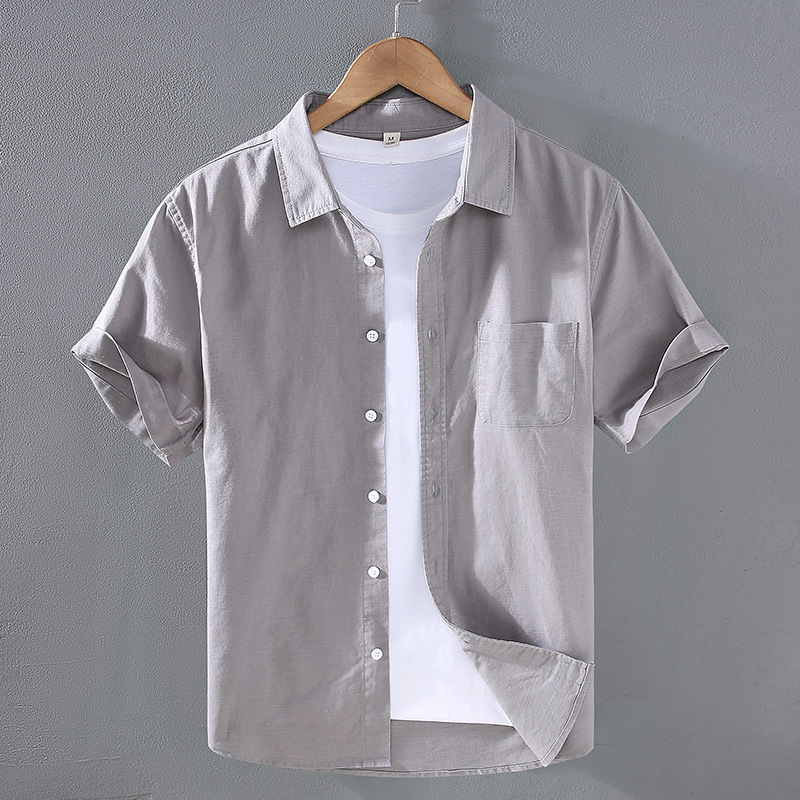938 Summer Thin Men's Linen Short-sleeved Shirt Casual Cotton and Linen Shirt Men's Linen Solid Color Simple Half-sleeved Top