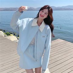 单/两件套撞色翻领外套一整套ootd穿搭蓝色棒球服女半身裙甜美风