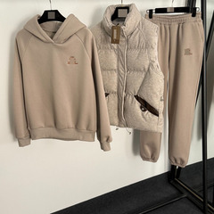 2025新款保暖三件套拼皮棉服马甲外套+连帽加绒卫衣+加绒束脚长裤
