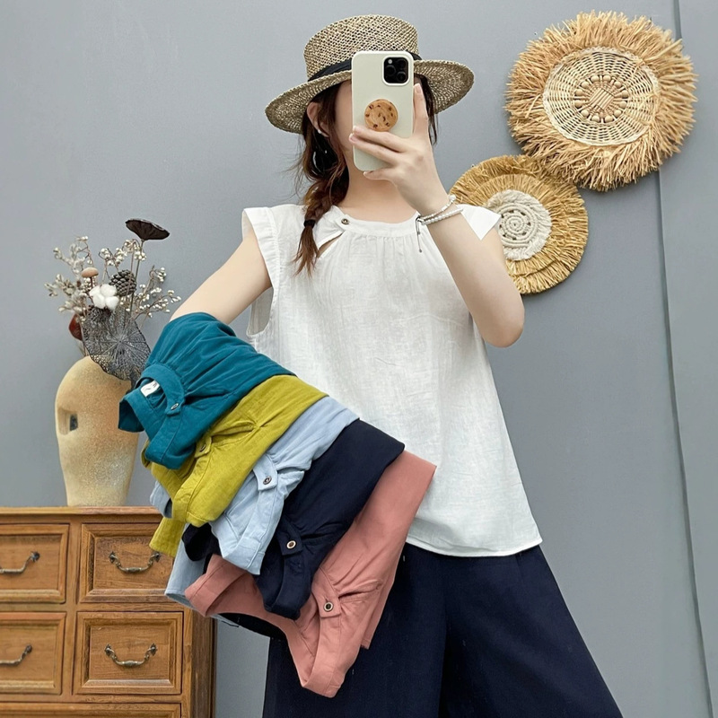 2656 Stylish Design Double-Layer Cotton Gauze Pullover Blouse with Flutter Sleeves, New Summer Casual Shirt Top for Women