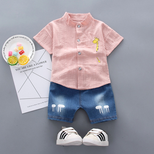 Export Trade Korean Version Children's Clothing Summer New Style Small and Medium Children Boys' Cross-border New Cartoon Shirt Jeans Suit 2 Pieces