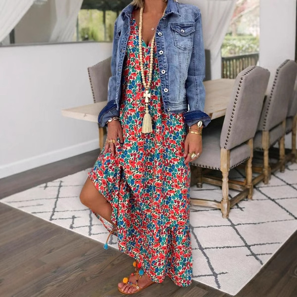 Meilleures ventes de vêtements féminins printemps/été en Europe et aux États-Unis : robe longue à bretelles et col en V, imprimé bohème, idéale pour la plage_voghion.com