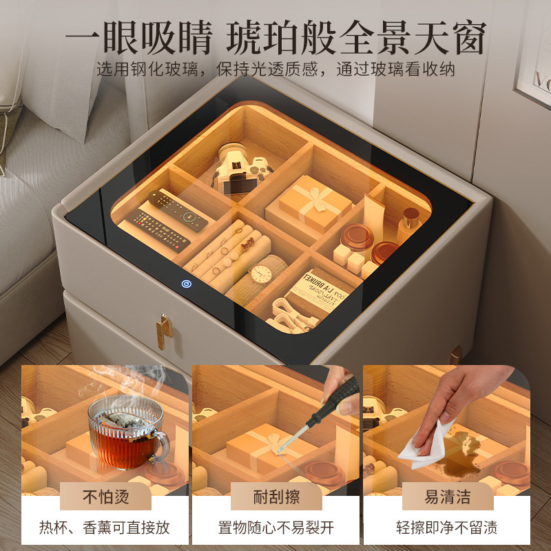 Mesita de noche minimalista moderna 2024 nuevo estilo lujo ligero sensación de alta gama dormitorio madera maciza pequeño gabinete de almacenamiento de cabecera inteligente