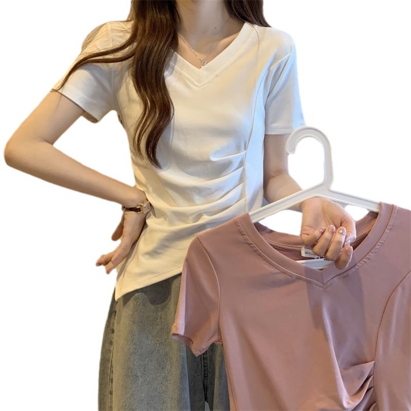Sentido del diseño de la camiseta de manga corta de nicho para mujer verano nuevo estilo suelto y delgado de gran tamaño puro estilo abierto camisa de fondo