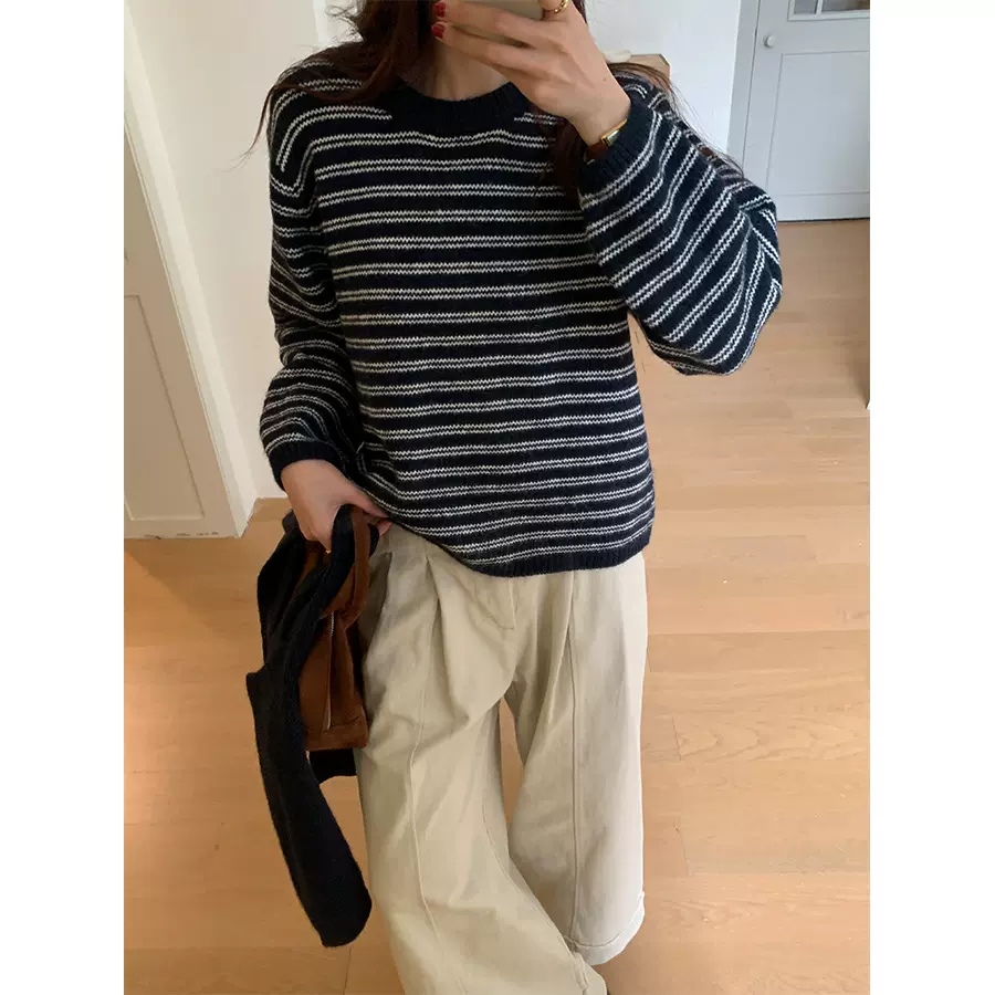 黄峥学院风披肩条纹毛针织衫女25冬季韩版休闲宽松百搭毛衣541159