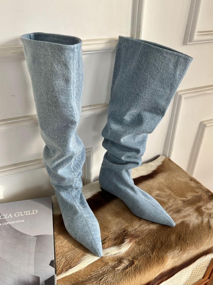 Women Denim Pointed Toe Slouch Knee High Boots Pull on Flat Casual