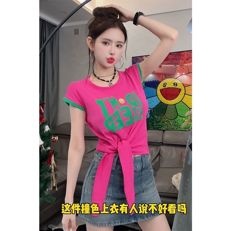 2024 verano cuello redondo color contraste dobladillo anudado camiseta de manga corta mujer nuevo estilo suelto y delgado moda talla grande top mujer