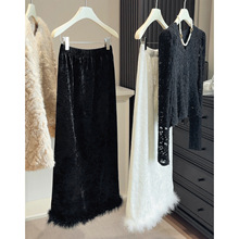 新中式高级感黑色丝绒鸵鸟毛加绒加厚半身裙女秋冬高腰显瘦直筒裙