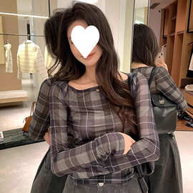 T9O微透辣妹方领网纱女夏长袖冰丝凉感格子T恤外搭防晒上衣