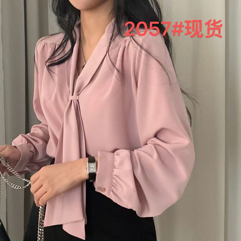 东大门跨境秋季新款韩版设计感领带宽松休闲套头女式衬衫V领上衣|undefined