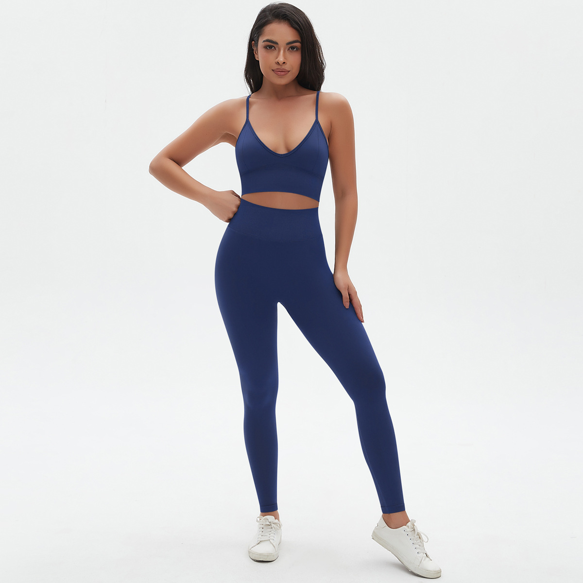 Nuevo transfronterizo sin costuras color sólido apertado sexy cabina de belleza trajes de yoga de dos piezas juego de ejercicio image 8