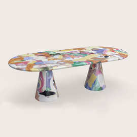 荷兰艺术家创意油画彩绘餐桌茶几橙心玻璃钢轻奢彩绘圆形茶几定制