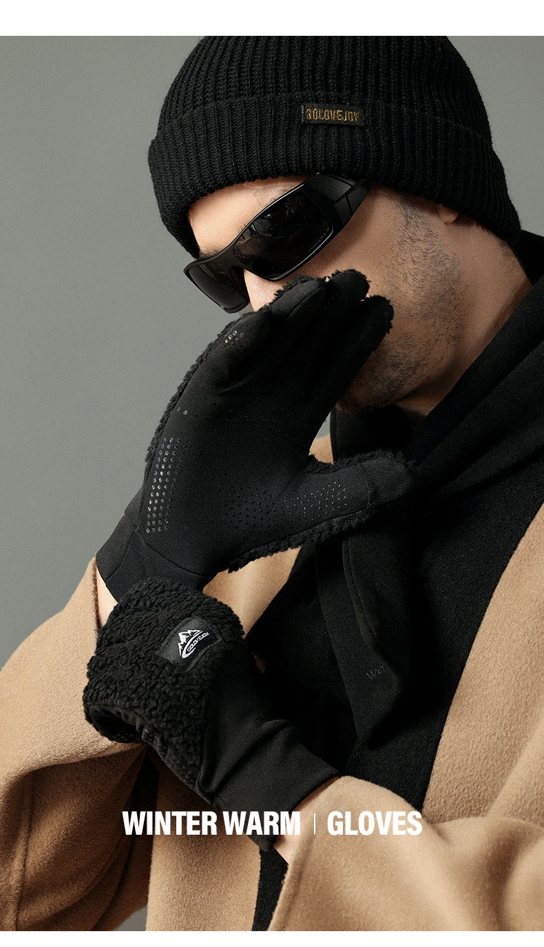 Men's autumn winter knitted plush thick warm outdoor sports cycling driving anti cold and windproof touch screen gloves_voghion.com