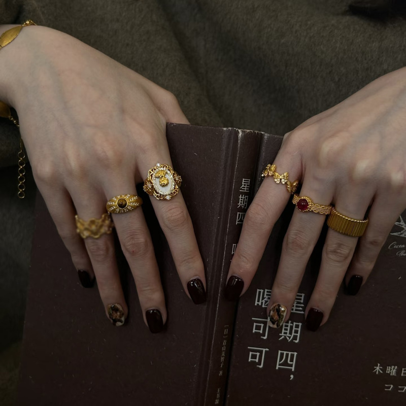 中古vintage宫廷风金色贝母浮雕戒指轻奢复古高级感开口设计指环|undefined