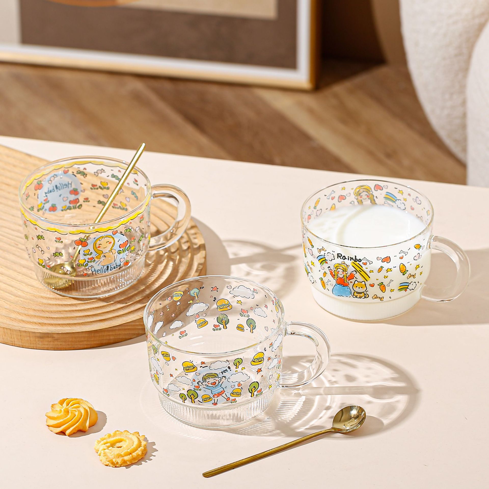Personalidad creativa de dibujos animados graffiti tazas de cristal de gran capacidad tazas de cereal regalos para niñas tazas de agua de alto valor facial tazas