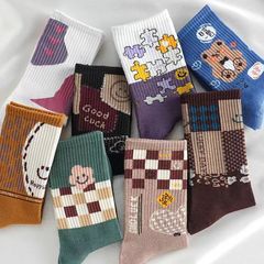 襪子女ins潮韓版百搭春秋季復古色運動風學生襪拼圖卡通熊長筒襪