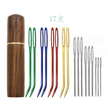 跨境新款彩色尖头弯针毛衣编织DIY工具17枚大眼弯针木筒装供应