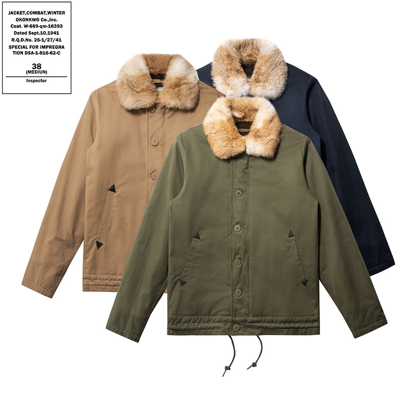 OKONKWO Navy N-1 DE LA CHAQUETA cubierta de portaaviones cubierta de ropa de la CUBIERTA de color sólido cuello de piel de conejo grande N1 ropa de algodón