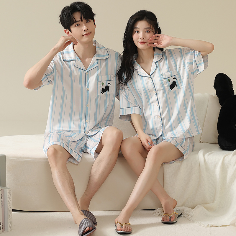 Summer Men's Stylish Ocean Blue Striped Cardigan Pajamas Couple's Comfortable Ice Silk Short-Sleeve Shorts Loungewear
