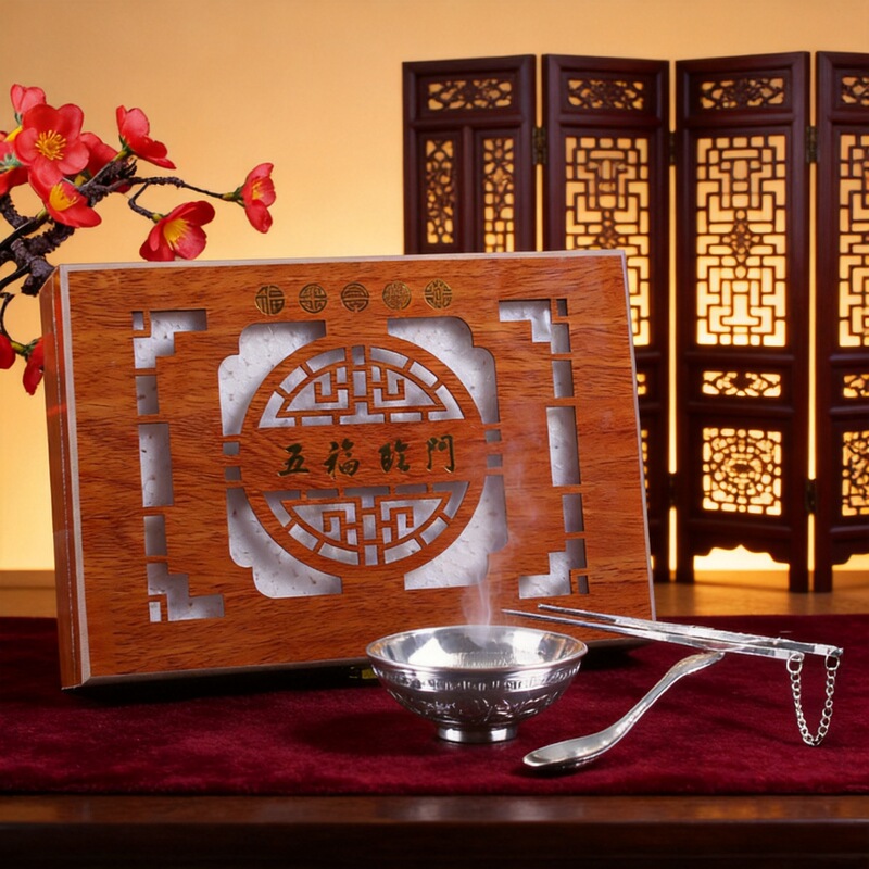 Five Blessings Silver Bowl Three-Piece Set Leather Box Wooden Box Three-Piece Set Silver Bowl and Chopsticks Gift Set Insurance Available for Delivery Five Blessings Silver Bowl Three-Piece Set Leather Box Wooden Box Three-Piece Set Silver Bowl and Chopsticks Gift Set Insurance Available for Delivery