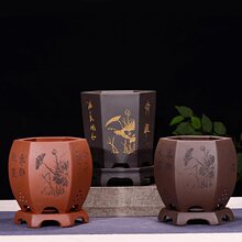 宜兴紫砂花盆大号六方兰花盆景植物花盆室内阳台花卉盆栽紫砂托盘