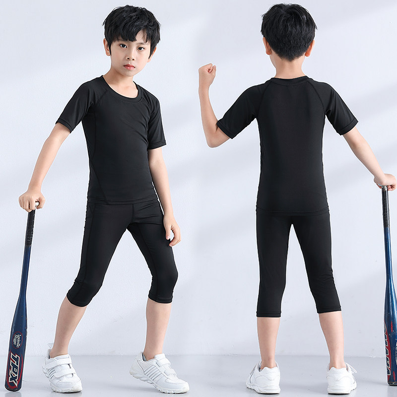 儿童篮球紧身衣训练服男童短袖短裤套装排球足球服打底游泳滑轮款