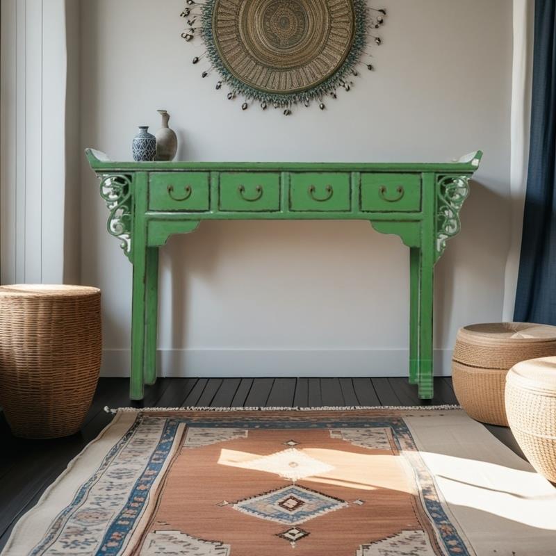 Chinese-Style Green Raised-Edge Console Table, Antique-Style Solid Wood Entryway Table, Ming and Qing Classical Furniture Table