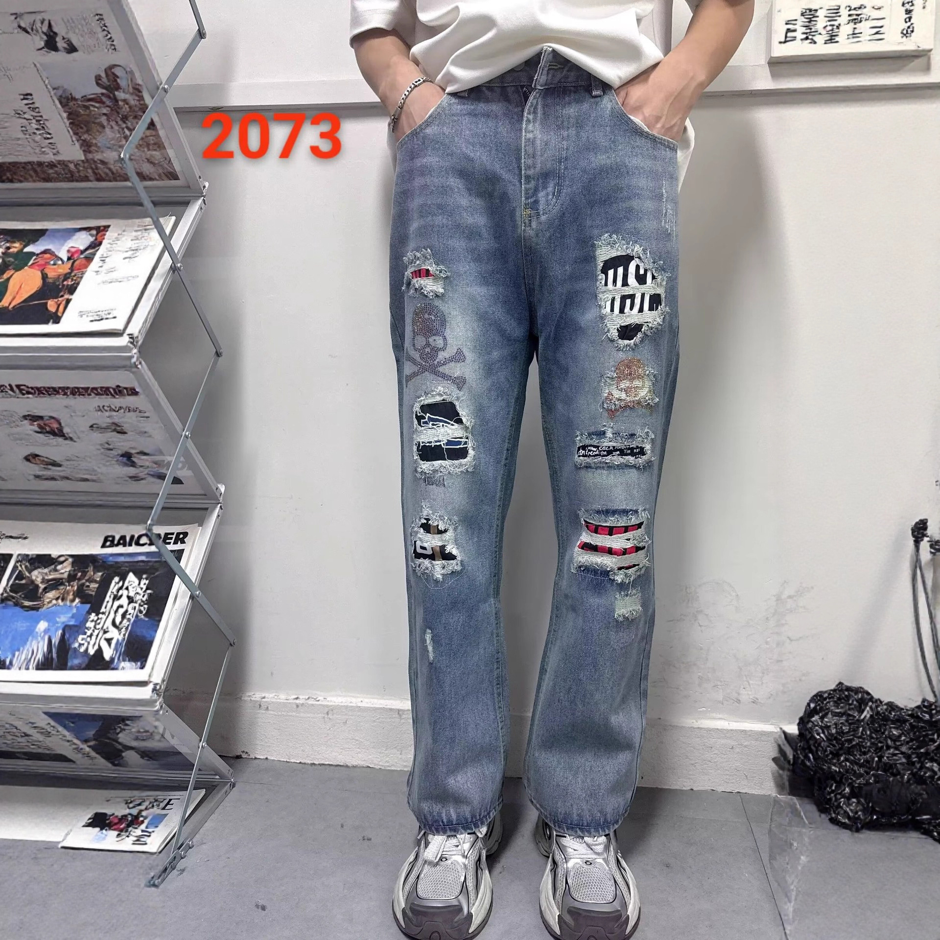 New Retro High Street Plus Size Loose Fit Jeans For Men Washed Paint Splattered Straight Leg Casual Long Pants Trendy_viptrois.com