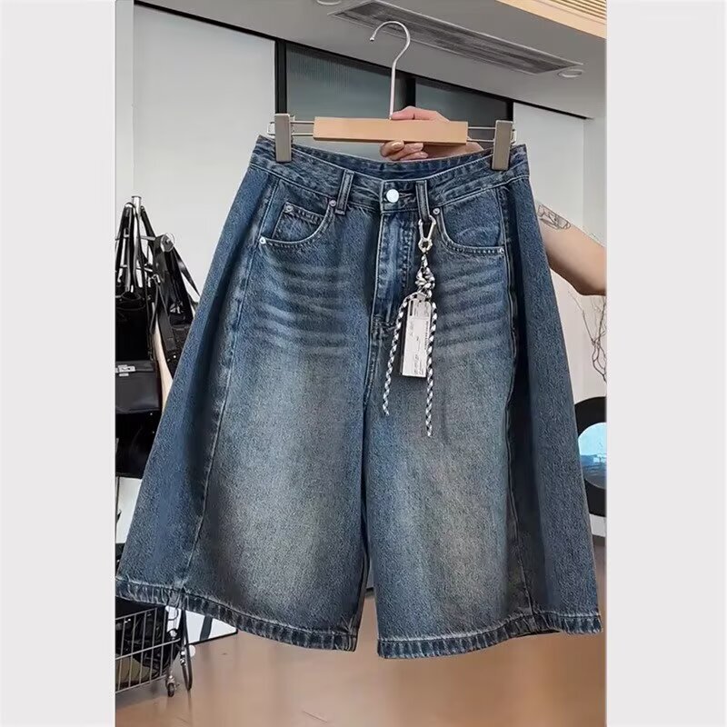 Plus Size High-Waisted Denim Shorts for Women, Summer Thin Style 2025 New Model, Slimming American-Style Mid-Length Wide-Leg Shorts for Curvy Women