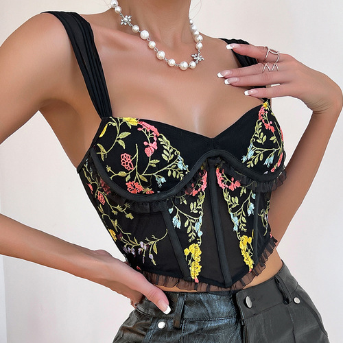 Summer cross-border new ins style embroidered lace fungus sexy V-neck wide shoulder strap fishbone bra K0314