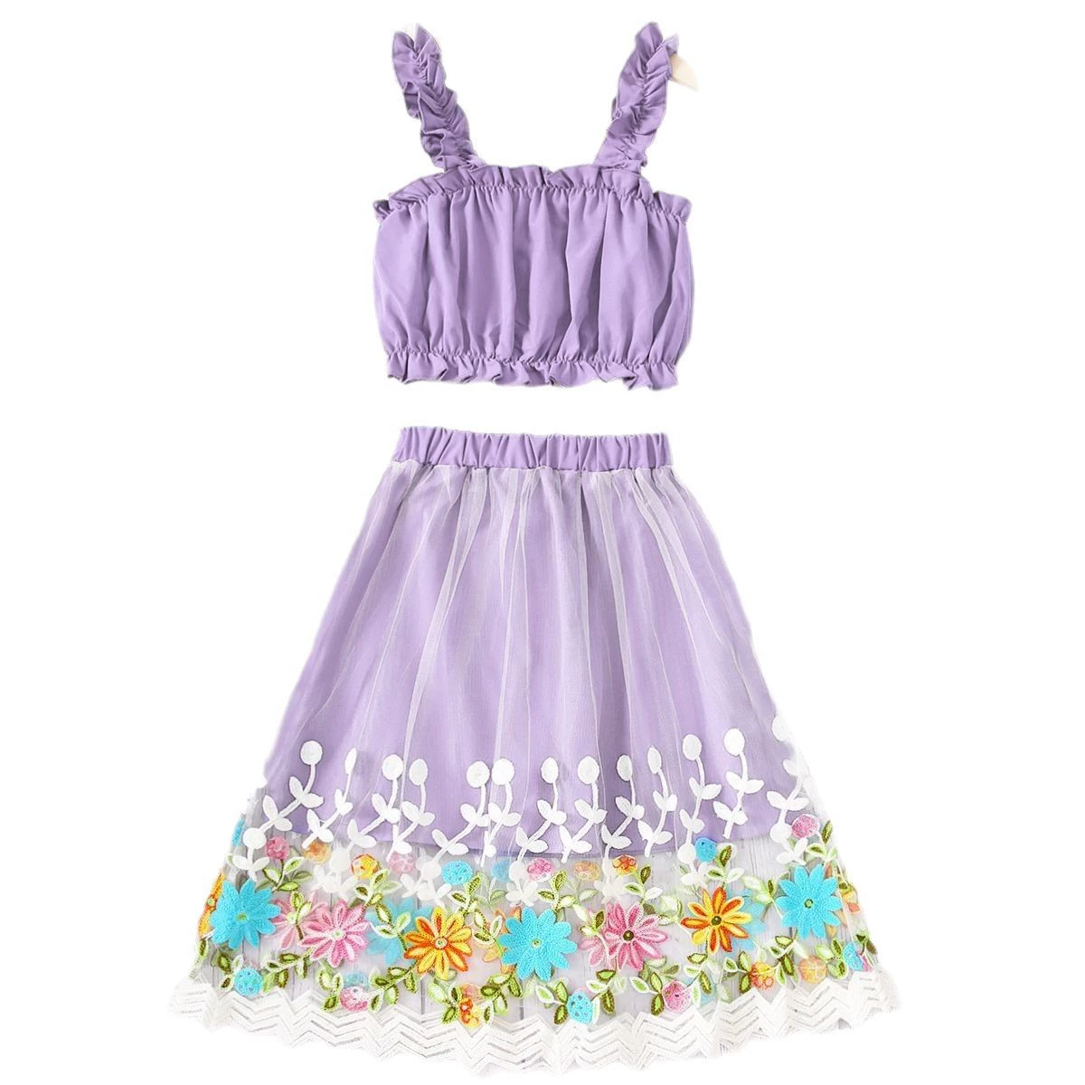 Summer fresh cute set sleevless, skirt, lifting effect, for teenagers, with embroidery