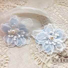 蓝底白色立体欧根纱蕾丝朵花 diy手工装饰衣服补丁贴百合刺绣花片