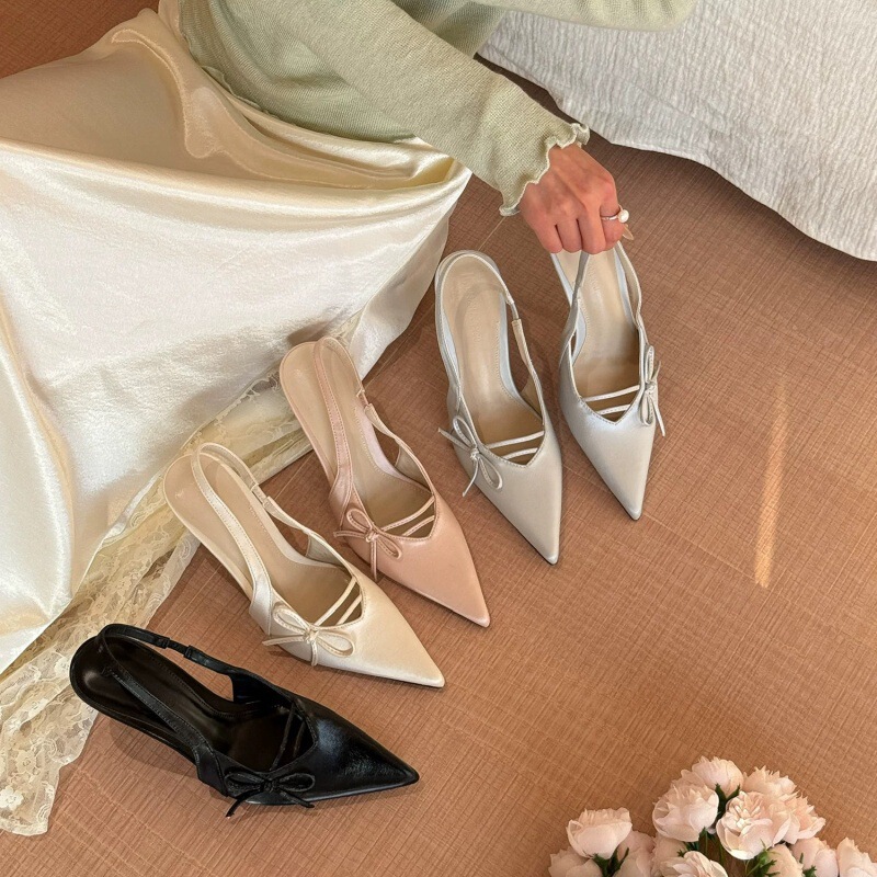 French-Style Glacier Silver Pointed-Toe Bow High-Heeled Shoes for Women, 2026 Summer New Model, Satin Thin-Heel Open-Back Sandals for Outdoor Wear French-Style Glacier Silver Pointed-Toe Bow High-Heeled Shoes for Women, 2026 Summer New Model, Satin Thin-Heel Open-Back Sandals for Outdoor Wear