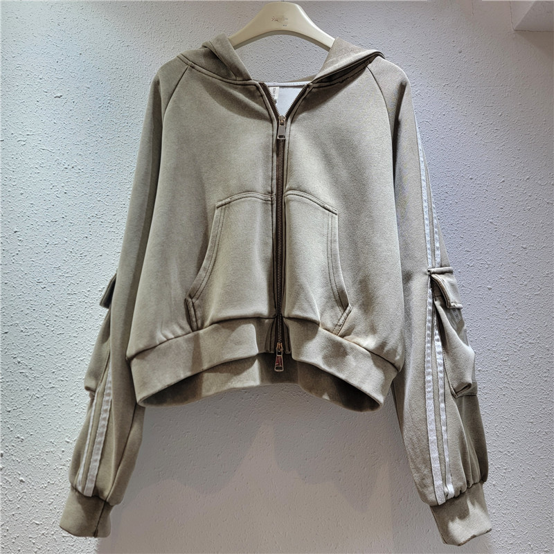 Vintage gris de manga larga chaqueta encapuchada abrigo de mujer relajado estilo delgado corto abrigo
