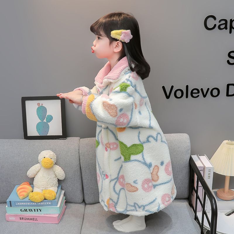 女童睡袍秋冬季女孩宝宝珊瑚绒儿童睡衣法兰绒秋款睡裙家居服浴袍|undefined
