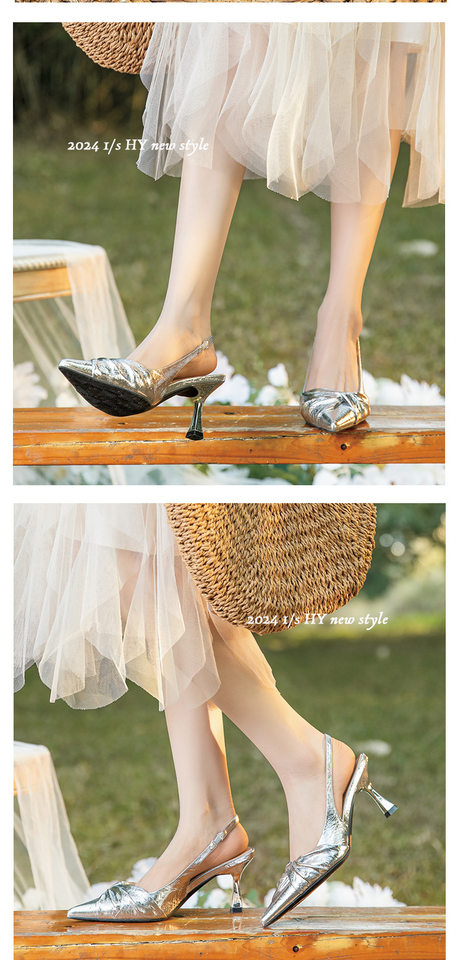 Giày sandal nữ bít mũi mũi nhọn gót mảnh quai ngang, gót 6–8 cm — Màu bạc, Màu trắng be, Màu vàng chi tiết 9