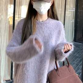 韩版水貂绒圆领套头中长款毛衣女秋冬季软糯加厚外穿水貂毛针织衫