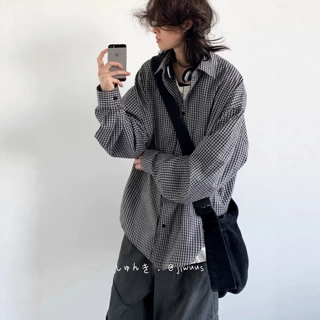 春秋新款日系黑色格纹衬衫男女生学院风宽松廓形休闲长袖衬衣外套