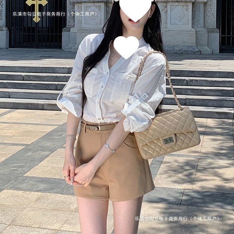 白色口袋衬衫套装女高腰显瘦短裤两件套装2025气质淑女百搭高级感|undefined