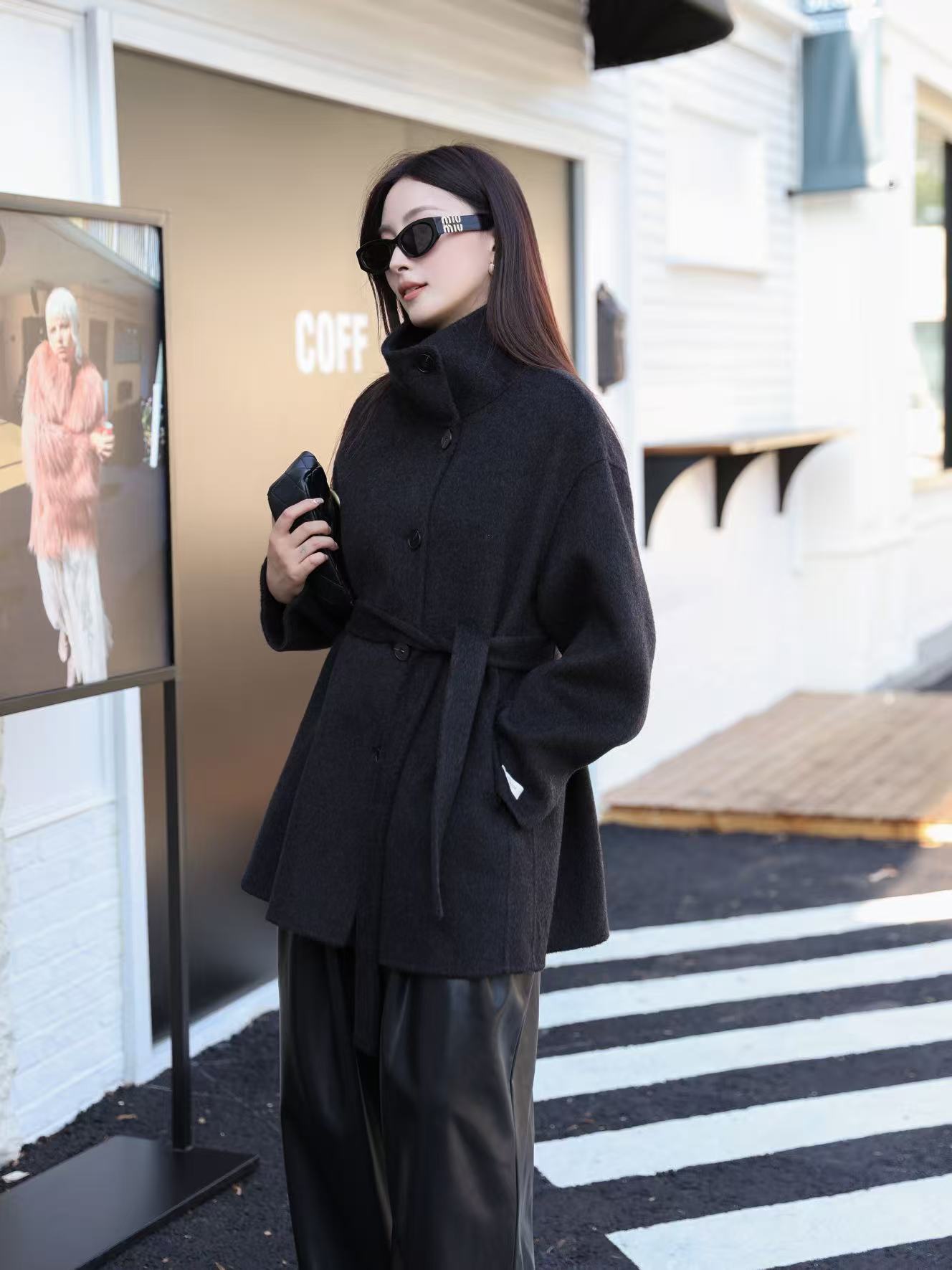 カシミヤバージョンにアップグレード！スタンドカラー、シングルボタン、紐付き、新作両面ウールコート、レディースショート丈、小柄な方向け、25秋冬