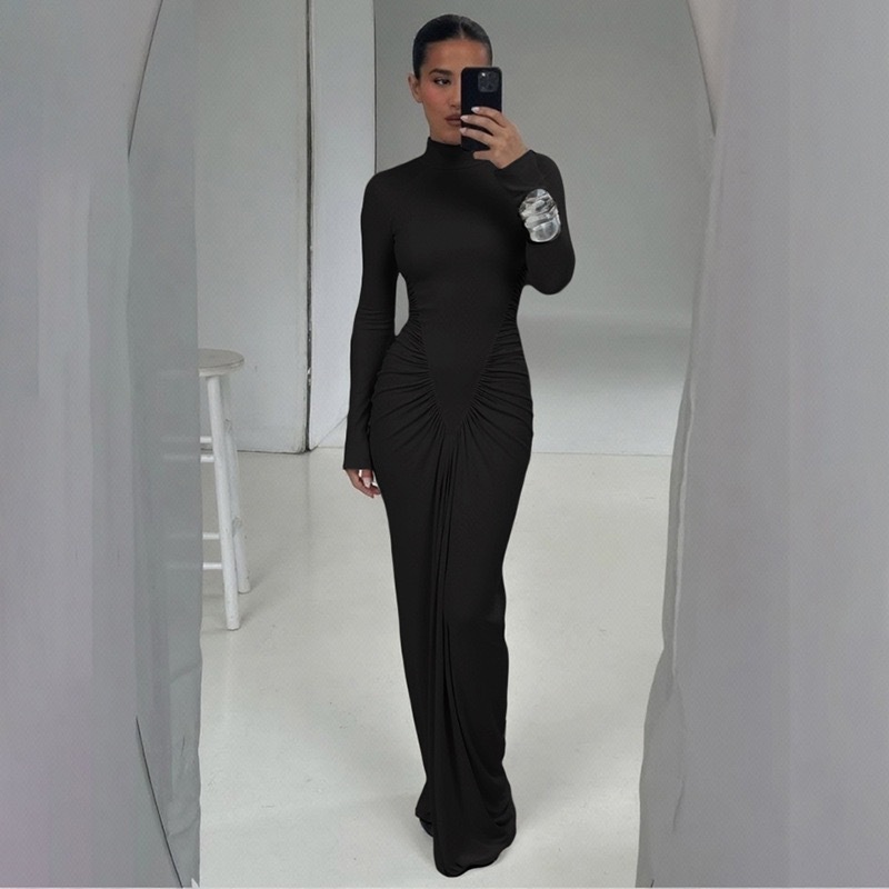 欧美跨境外贸女装2025秋季高领长袖修身设计感褶皱包臀长款连衣裙|undefined