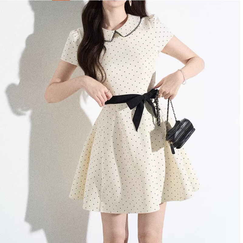 Sweet Baby Doll Collar Polka Dot Dress in Apricot Color for Women, Summer Style, French-Style Cinched Waist Miu-Style Mini Dress, A-Line Dress