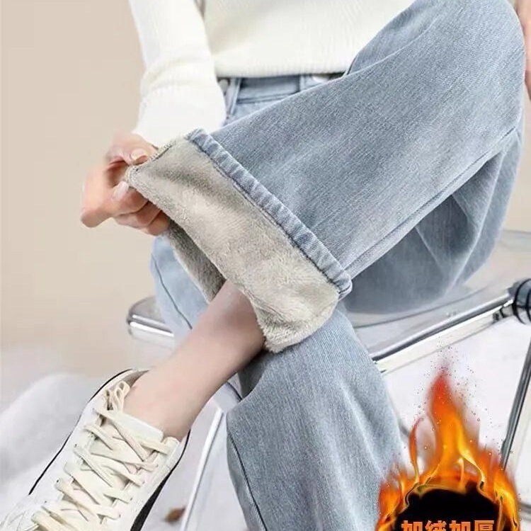 Winter Fleece-Lined Thickened Warm Jeans for Women 2025 Autumn and Winter Commuter High-Waisted Slimming Wide-Leg Pants for Women Winter