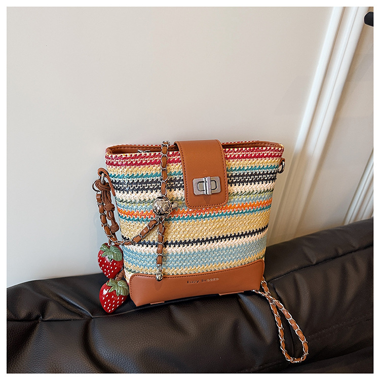 Seaside vacation beach rainbow woven bag for women 2025 Summer New style fashionable, simple, casual and high-quality single-shoulder bucket bag undefined